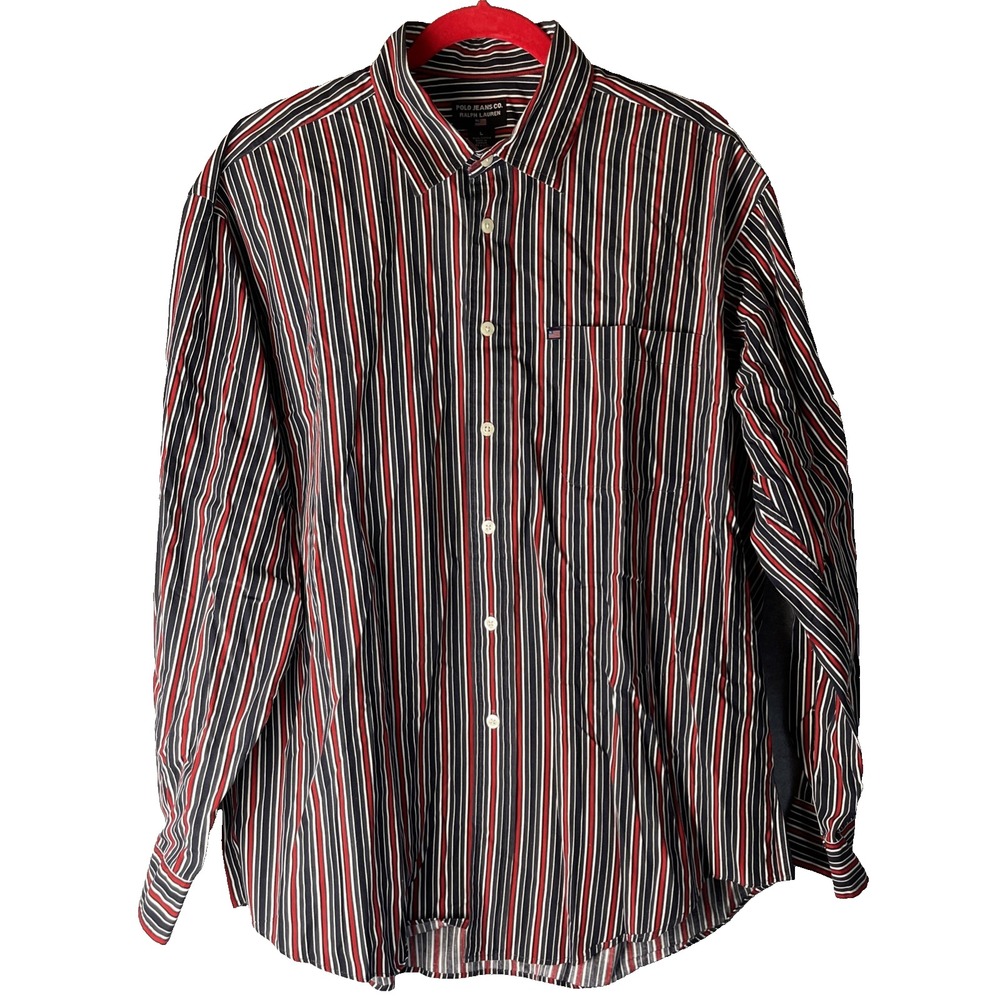 Y2K Polo Ralph Lauren Shirt Men's Large Navy Red White Stripe Button Up Vintage